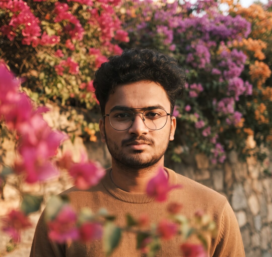Yash Gandhi standing among pink and purple flowers